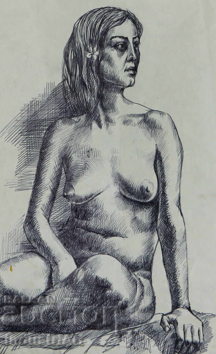 Old ink drawing, female portrait, nude body Old ink drawing, female portrait, nude body