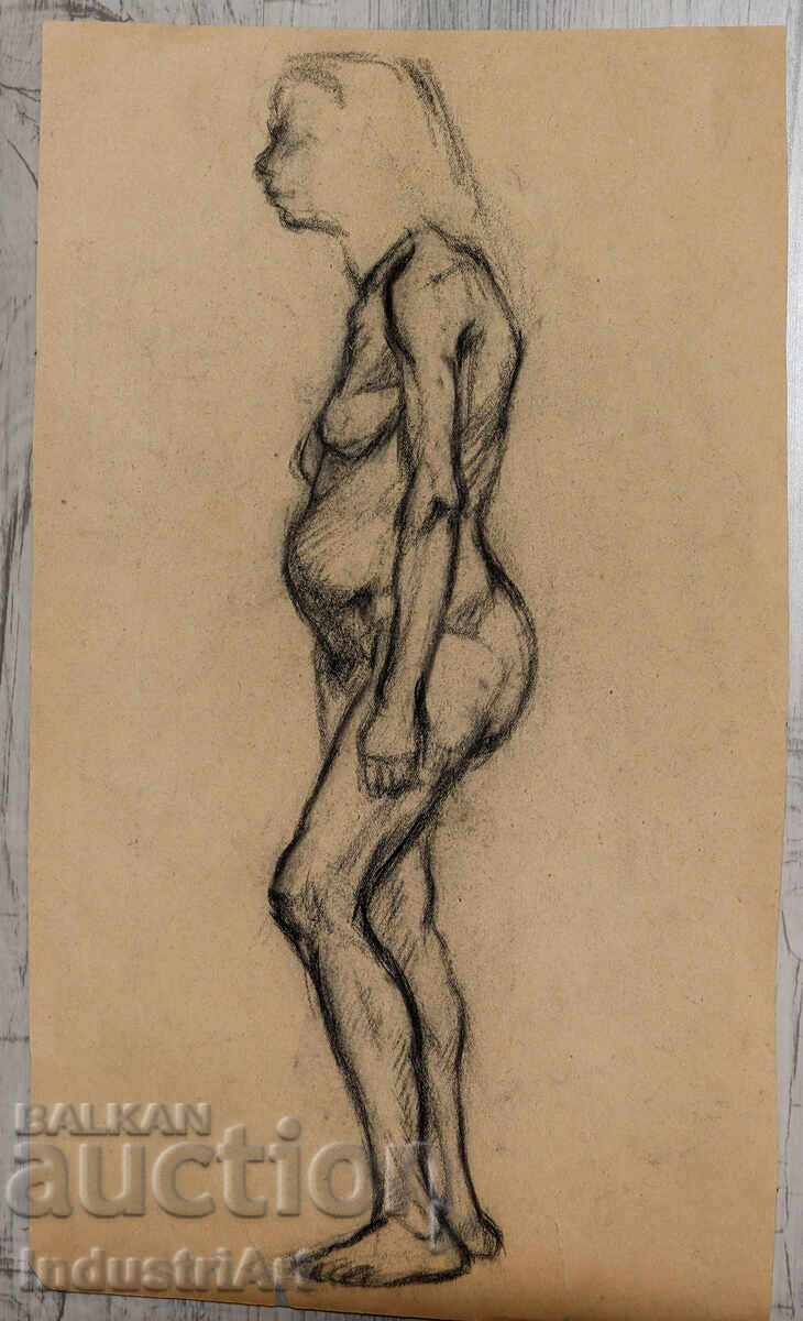 Old charcoal drawing female portrait nude body with price 100.00 BGN | € 51.13
