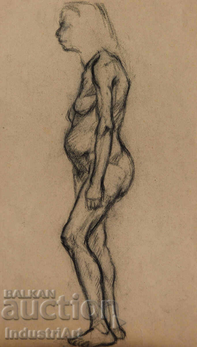 Auction  Old charcoal drawing female portrait nude body