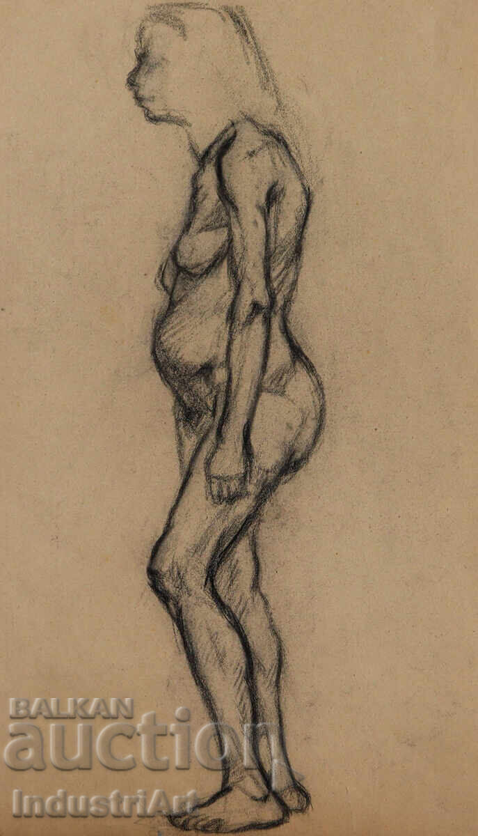 Old charcoal drawing female portrait nude body