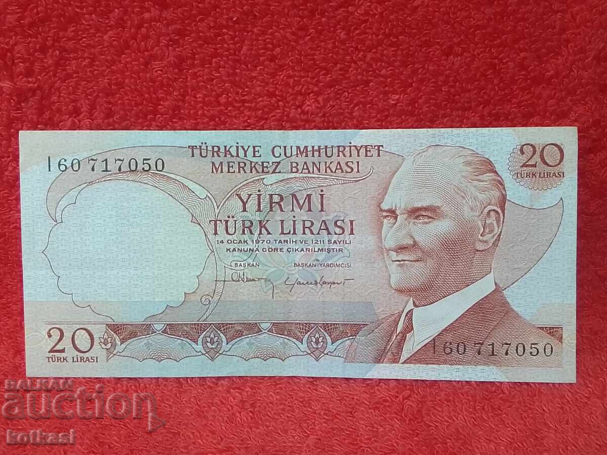 Old Banknote 20 Lira 1970 Turkey