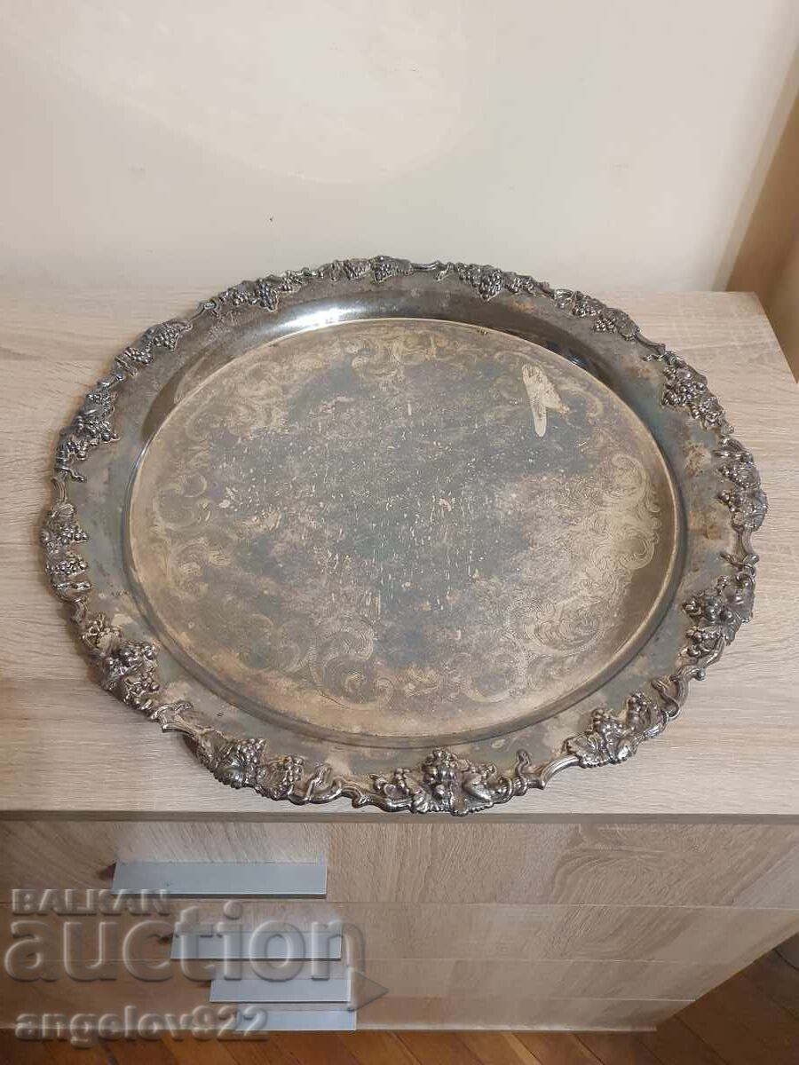 Auction  Large, massive, engraved, silver-plated metal tray!!!