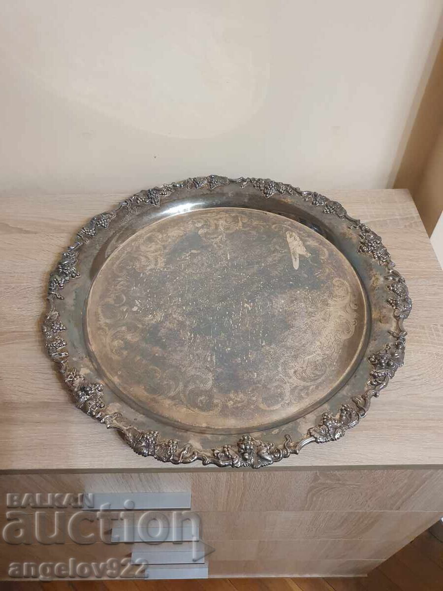 Large, massive, engraved, silver-plated metal tray!!!