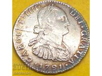 Spania 1 Real 1791 Lima Carlos IV patina argintie - RAR