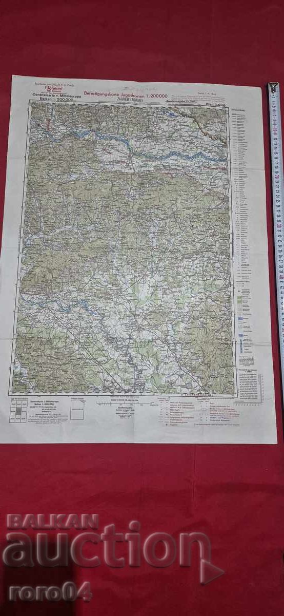 ZAGREB - HARTĂ MILITARĂ GERMANĂ VECHE - 1940 ZAGREB - HARTĂ MILITARĂ GERMANĂ VECHE - 1940
