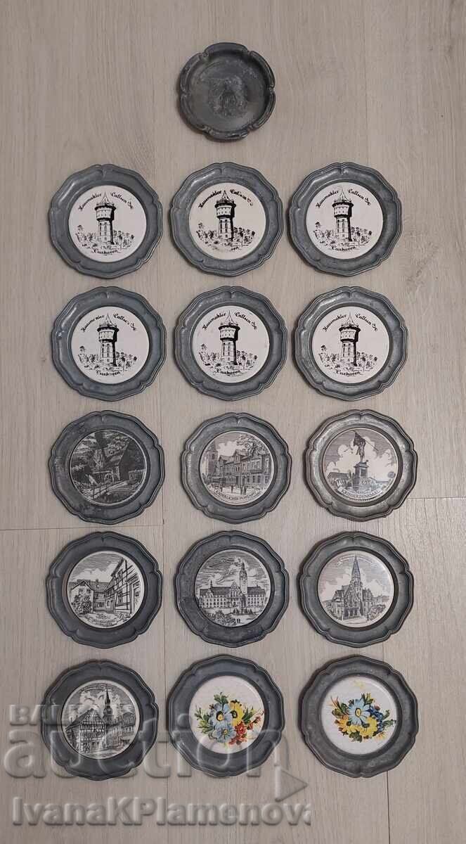 Farfurii de cositor cu porțelan vintage pentru colecționari, 16 bucăți