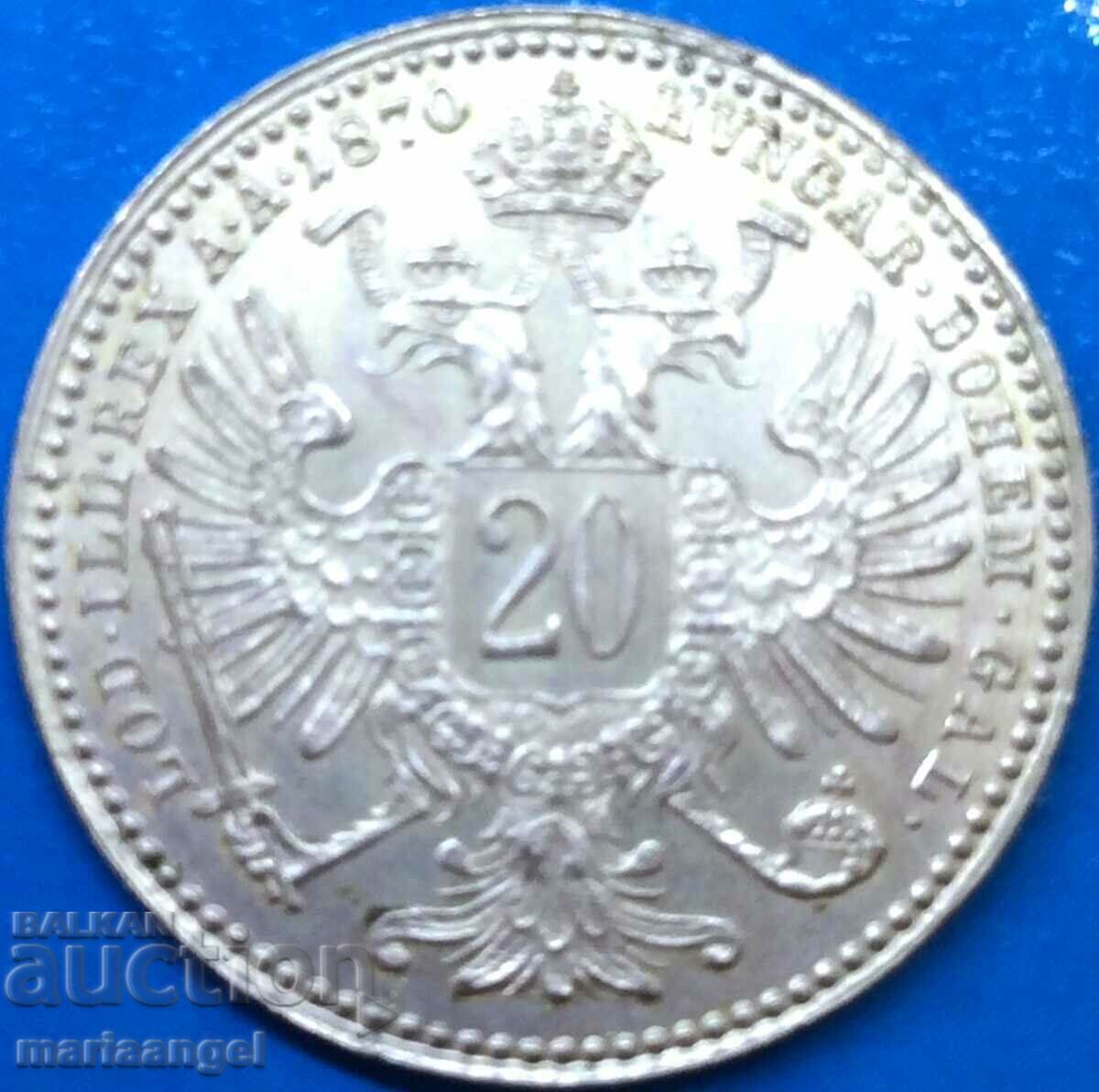 20 Kreuzer 1870 Austro-Hungary 2.8g Franz Joseph Silver - 6