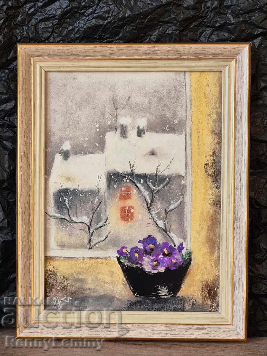 Winter violets, original painting, pastel Winter violets, original painting, pastel