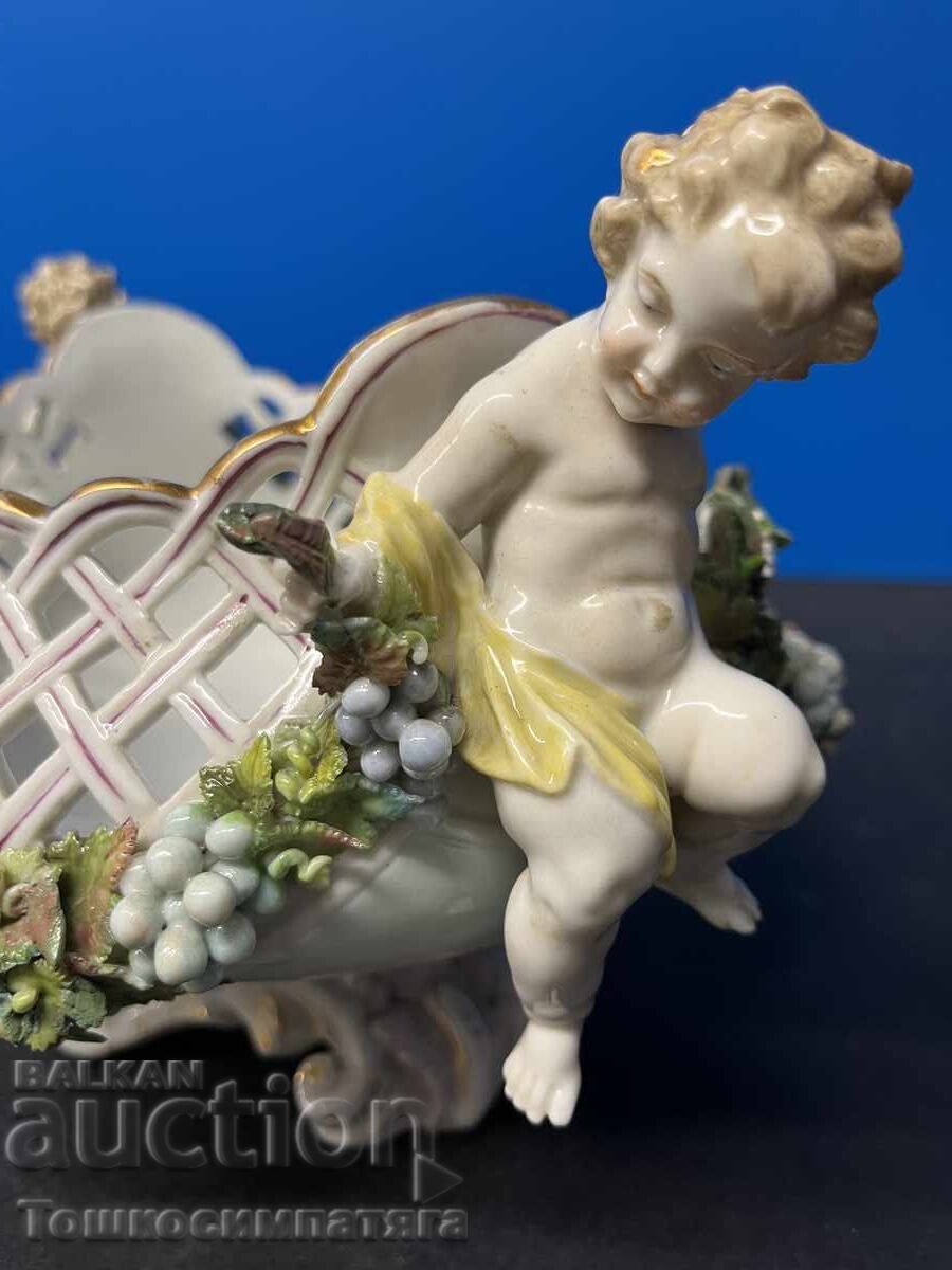 Porțelan de colecție Volkstedt - jardiniere ajurată cu înger - 6