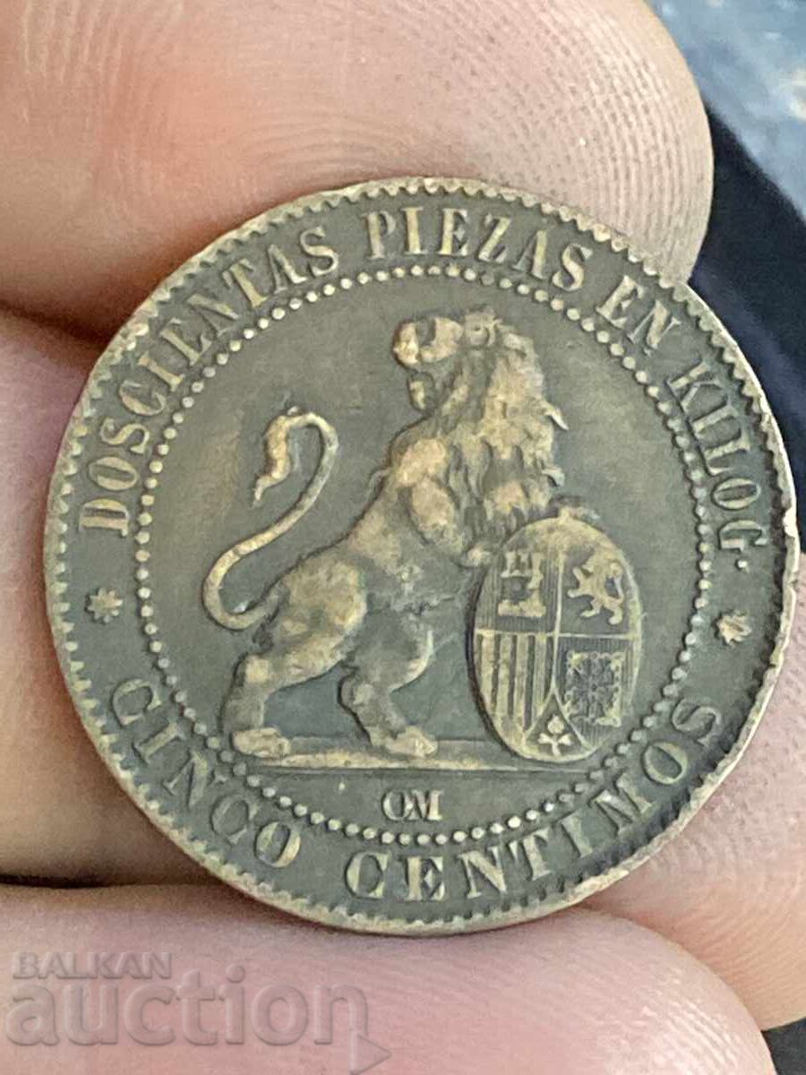 Spain 5 Centimos 1870 with price 2.50 BGN | € 1.28