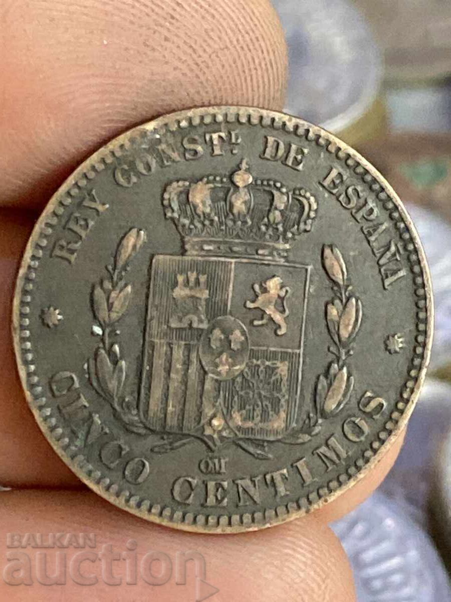 Spain 5 Centimos 1878 Alfonso XII with price 2.50 BGN | € 1.28
