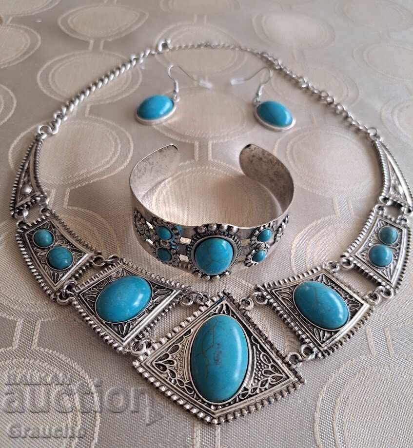 Three-piece silver-plated set with natural turquoise
