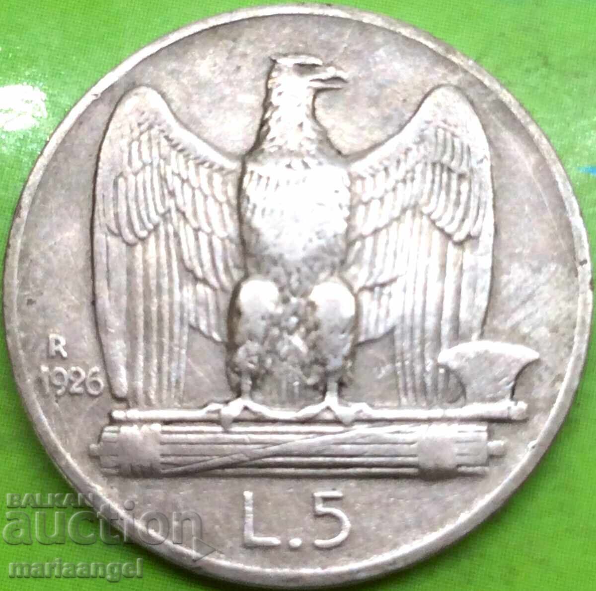 Livrarea 5 Lire 1926 Italia Argint - Rar Anul 3