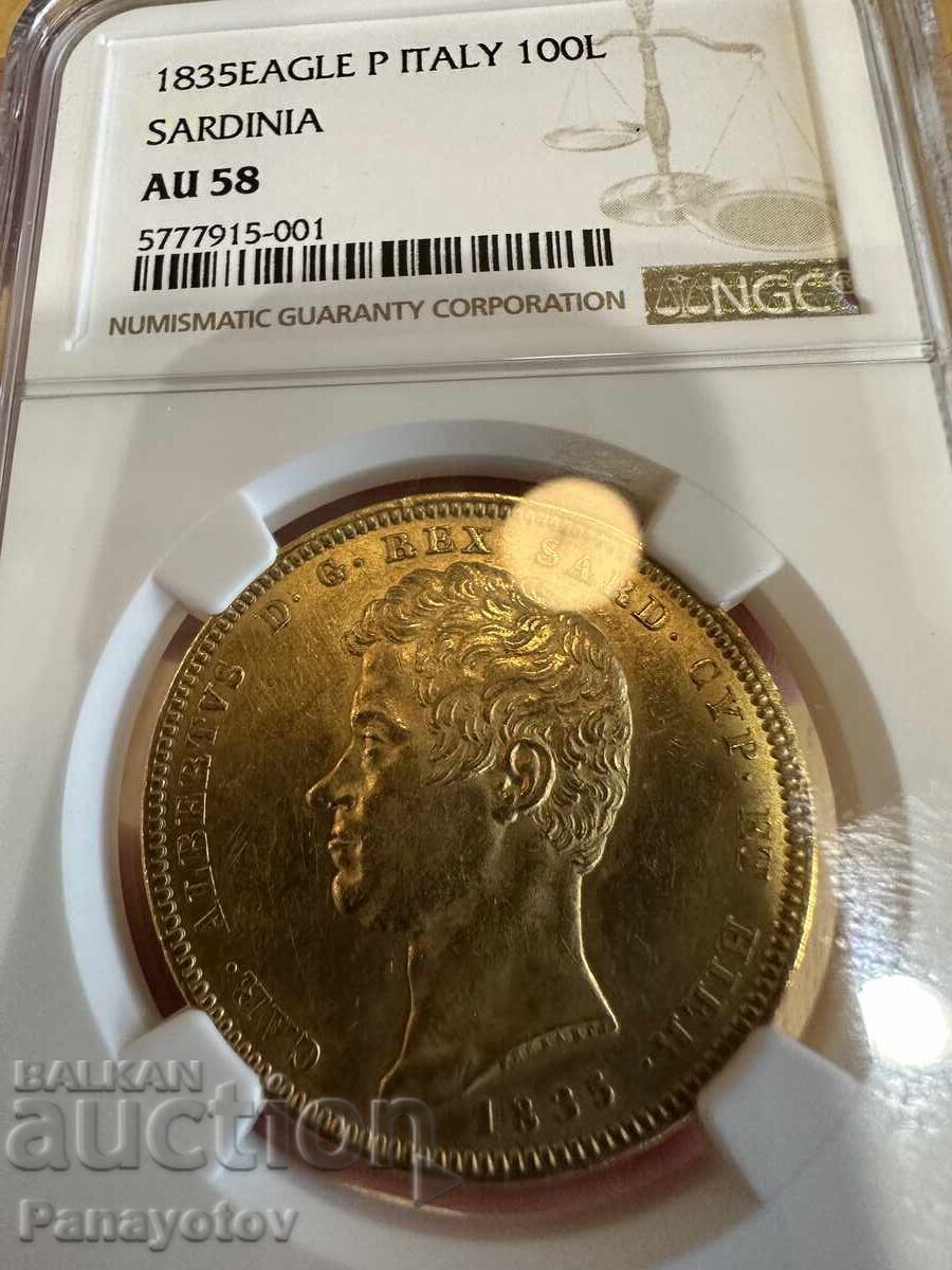 Auction  100 Lire Sardinia Italy 1835 AU 58 Carlo Gold NGC PCGS