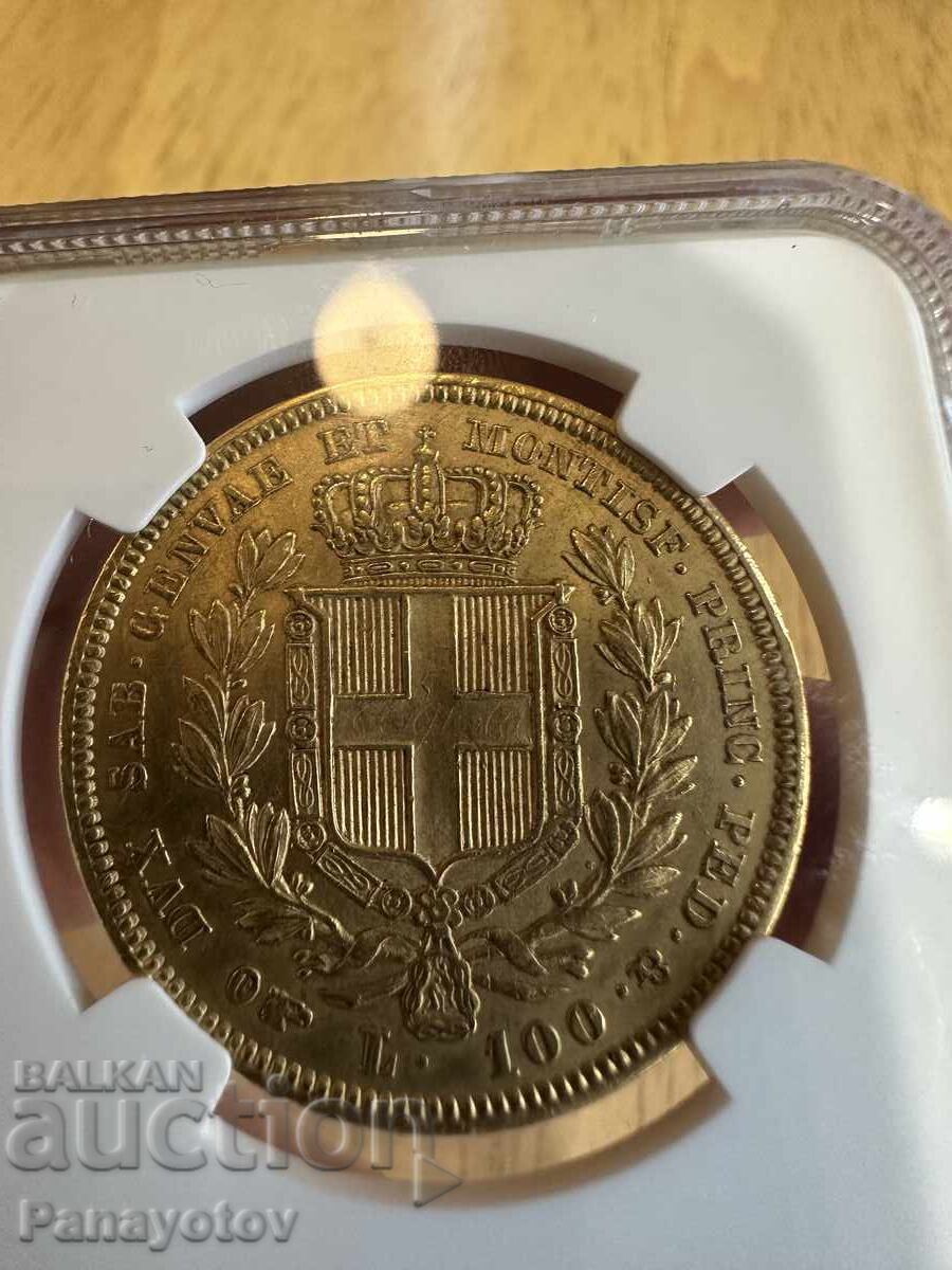 100 Lire Sardinia Italy 1835 AU 58 Carlo Gold NGC PCGS - 5