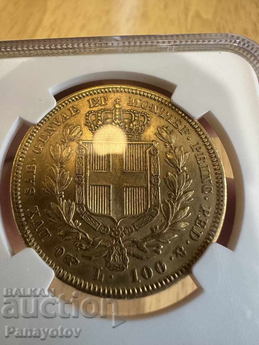 100 Lire Sardinia Italy 1835 AU 58 Carlo Gold NGC PCGS - 6