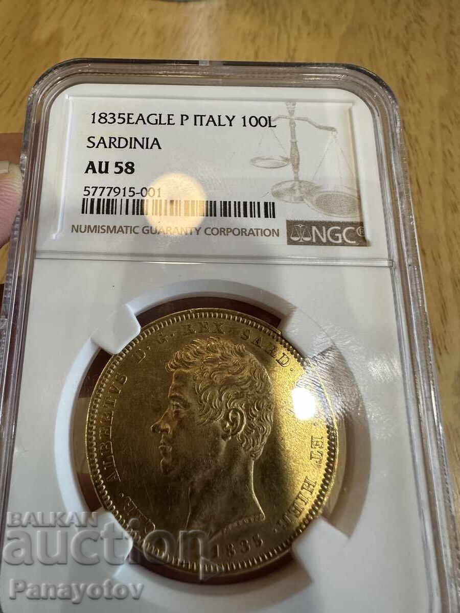 100 λίρες Σαρδηνία Ιταλία 1835 AU 58 Κάρλο χρυσός NGC PCGS