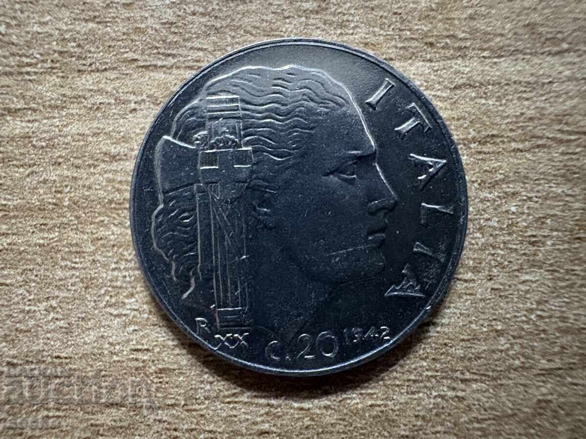 Италия - 20 чентезими (1942), назъбен гурт