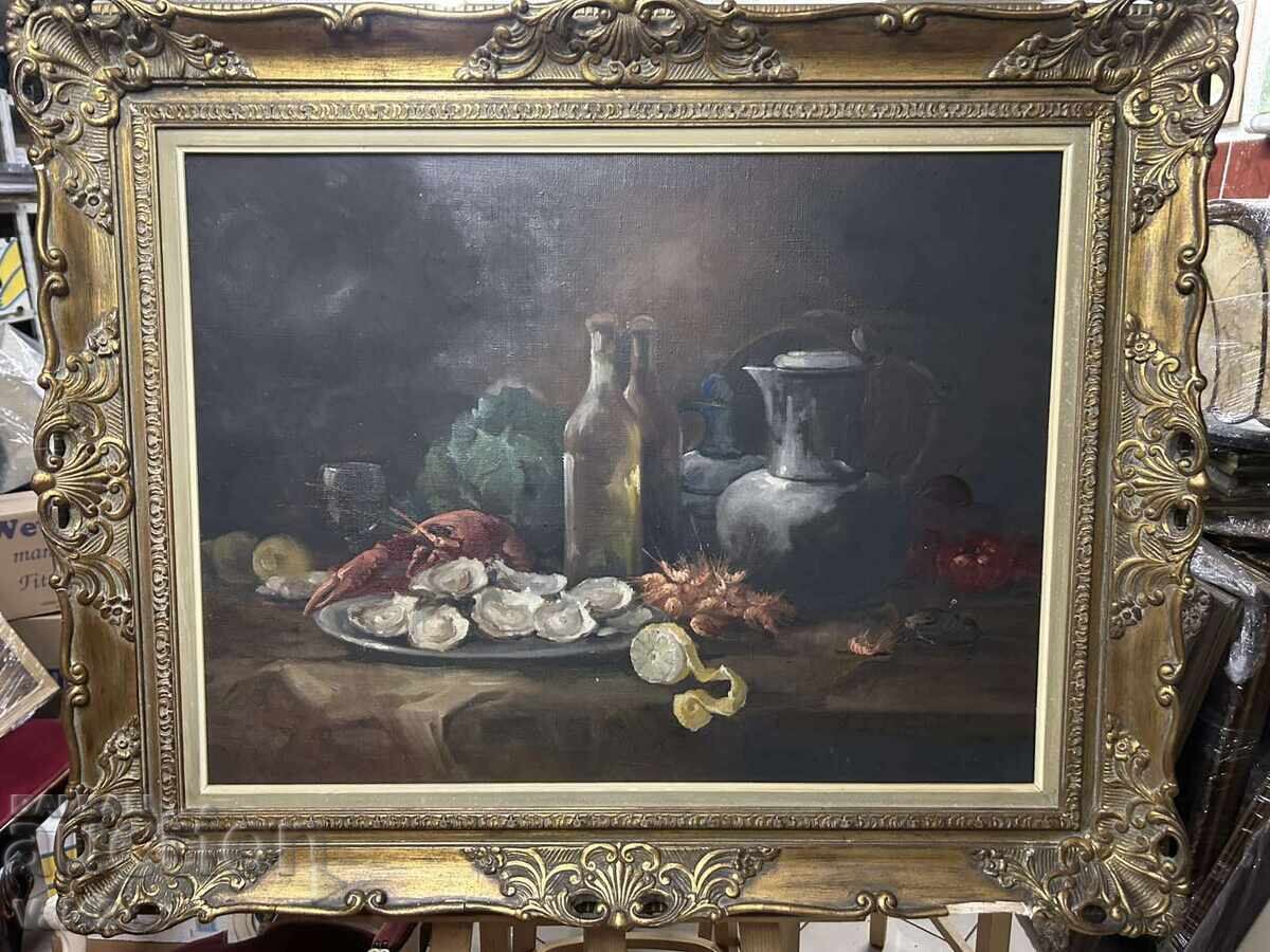 Still life with seafood and vessels