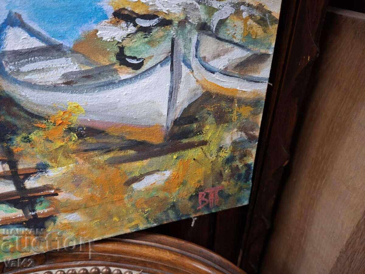 Τοπίο με βάρκα – Βενελίν Πέτροφ, λάδι σε καμβά με τιμή 39.00 BGN | € 19.94 Τοπίο με βάρκα – Βενελίν Πέτροφ, λάδι σε καμβά με τιμή 39.00 BGN | € 19.94