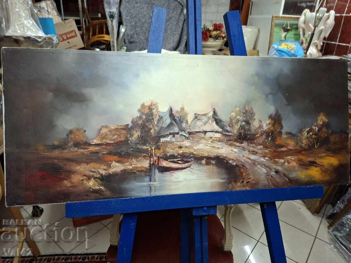 Delivery of Rural landscape with a boat – oil painting