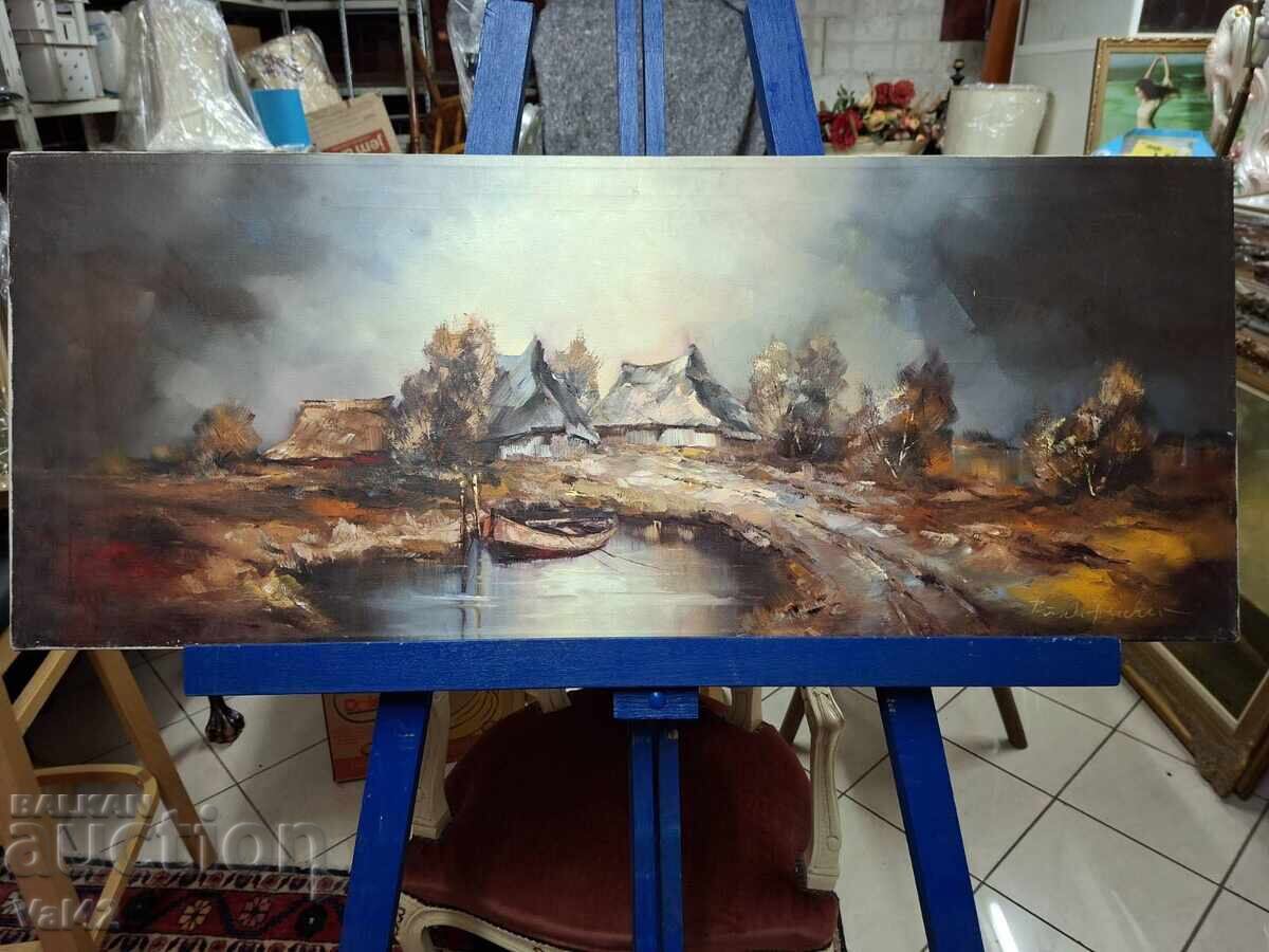 Rural landscape with a boat – oil painting