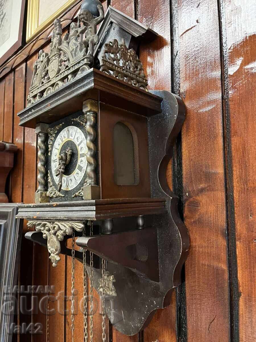 Auction  Antique wall clock with ornaments and gong - working