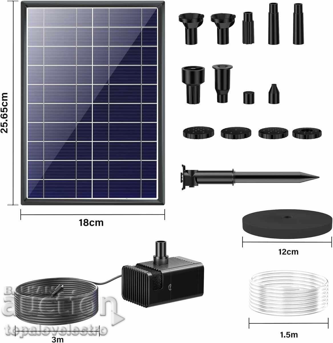 Solar fountain 7.5W with filter, 10 nozzles, dry run protection and with with price 13.00 BGN | € 6.65