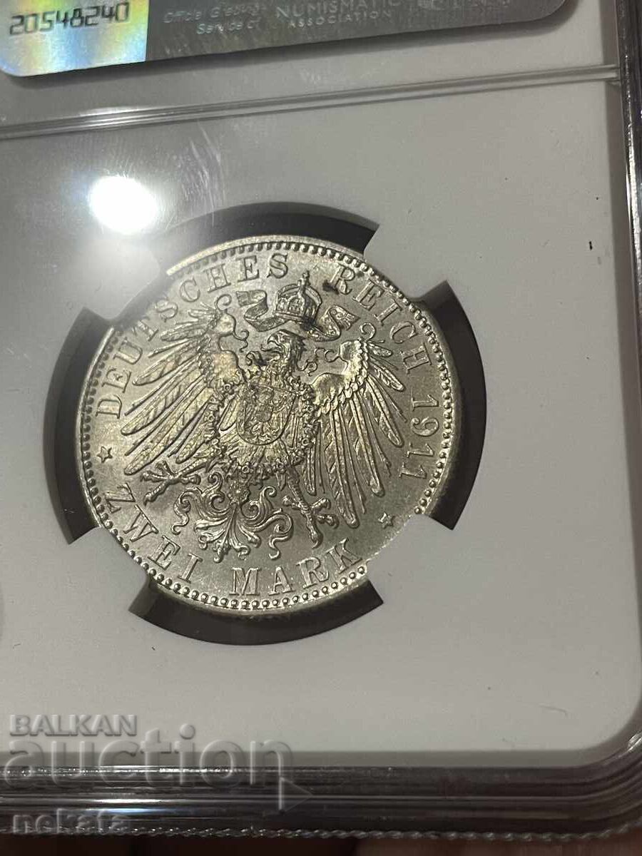 Livrarea Imperiul German - Bavaria, 2 mărci, 1911, MS64 NGS