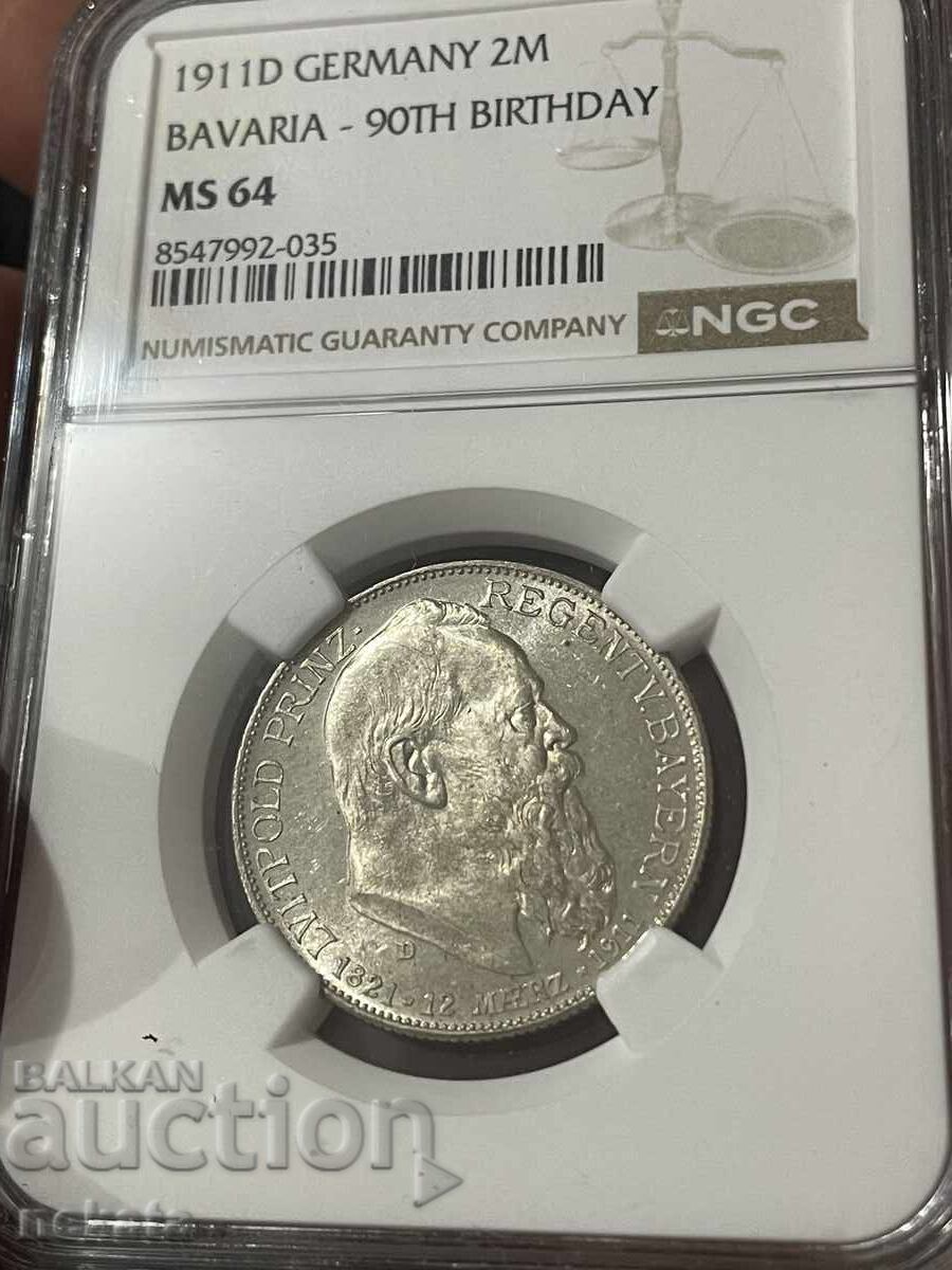 Imperiul German - Bavaria, 2 mărci, 1911, MS64 NGS
