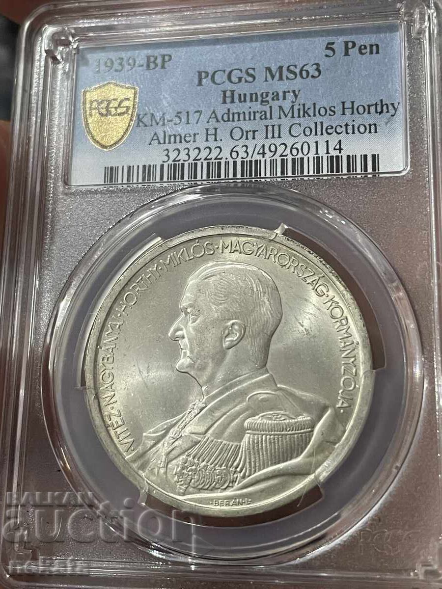 Hungary 5 Pengő, 1939, Admiral Horthy, MS63 PCGS