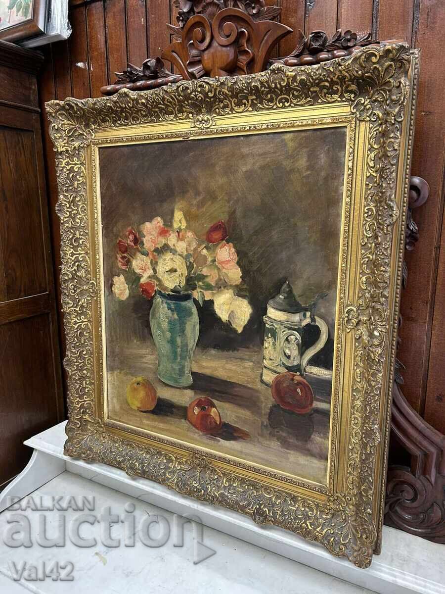 Δημοπρασία Παλιός ελαιογραφία νεκρή φύση με μπαρόκ κορνίζα – 80×91 εκ