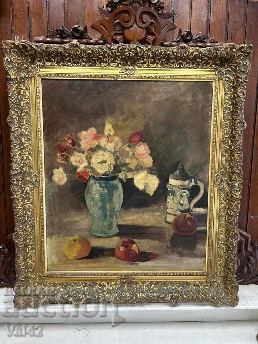 Παλιός ελαιογραφία νεκρή φύση με μπαρόκ κορνίζα – 80×91 εκ