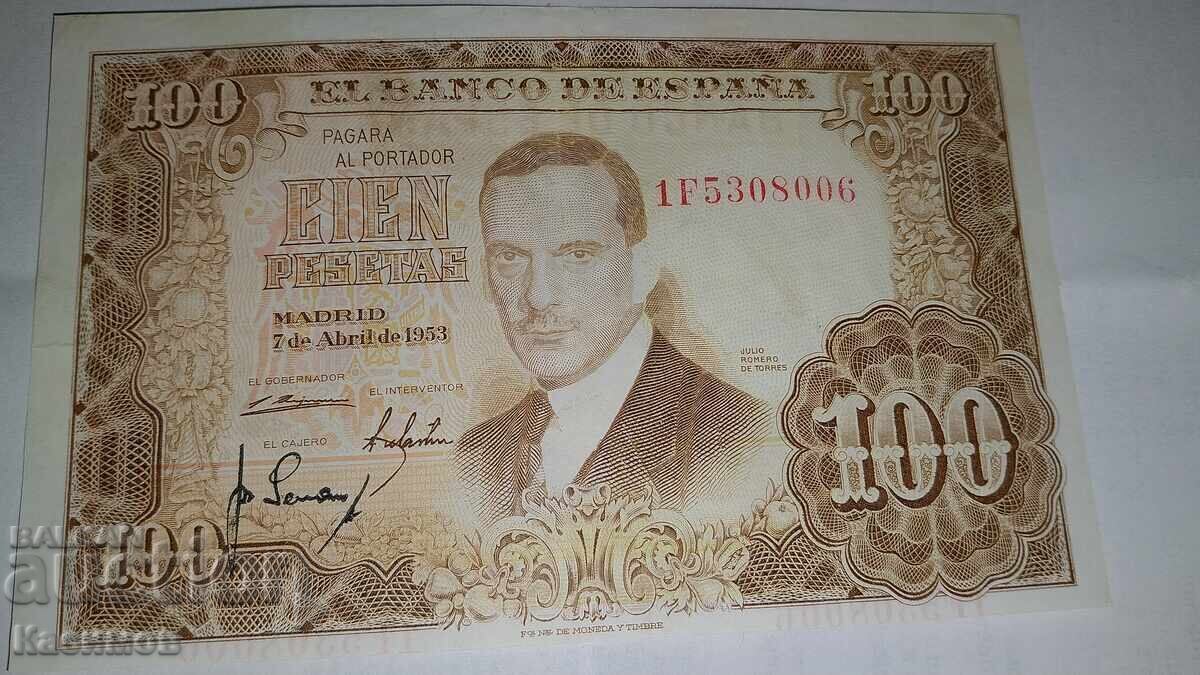 Old Spanish banknote 100 Pesetas 1953 Old Spanish banknote 100 Pesetas 1953