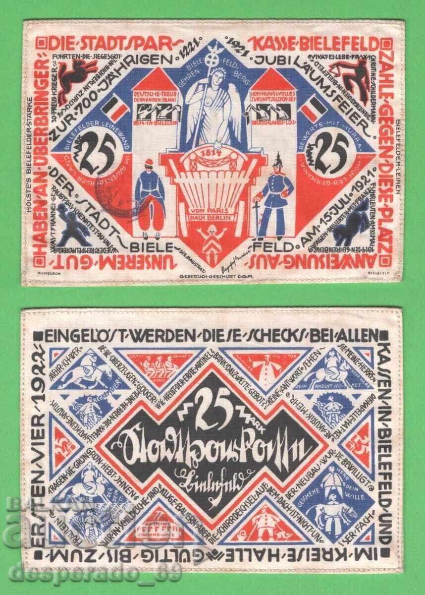 (¯`'•.¸GERMANIA (Bielefeld) 25 mărci 1921 UNC (pânză) 1