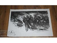 Maestru vechi desenând soldați litografici cu puști