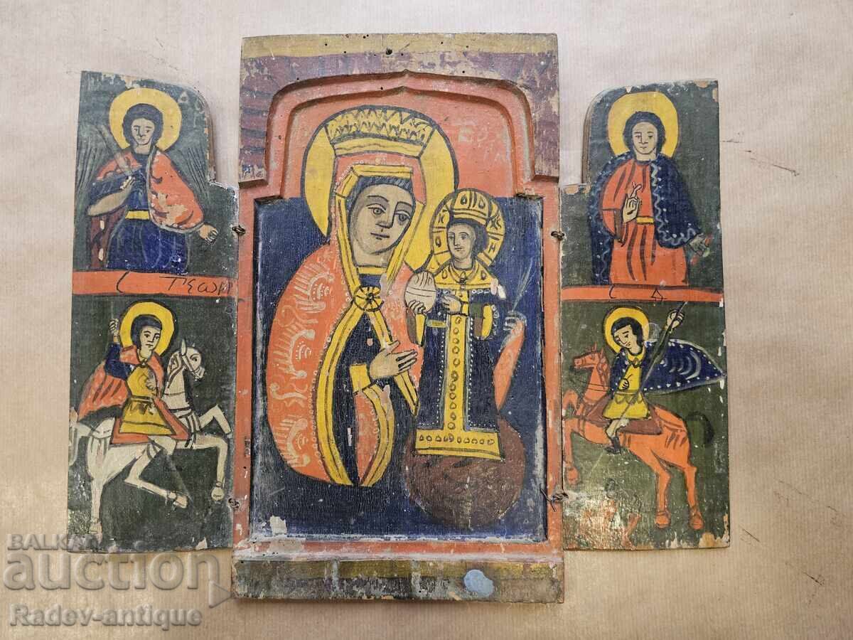 Old Bulgarian Revival Icon Triptych Virgin Mary
