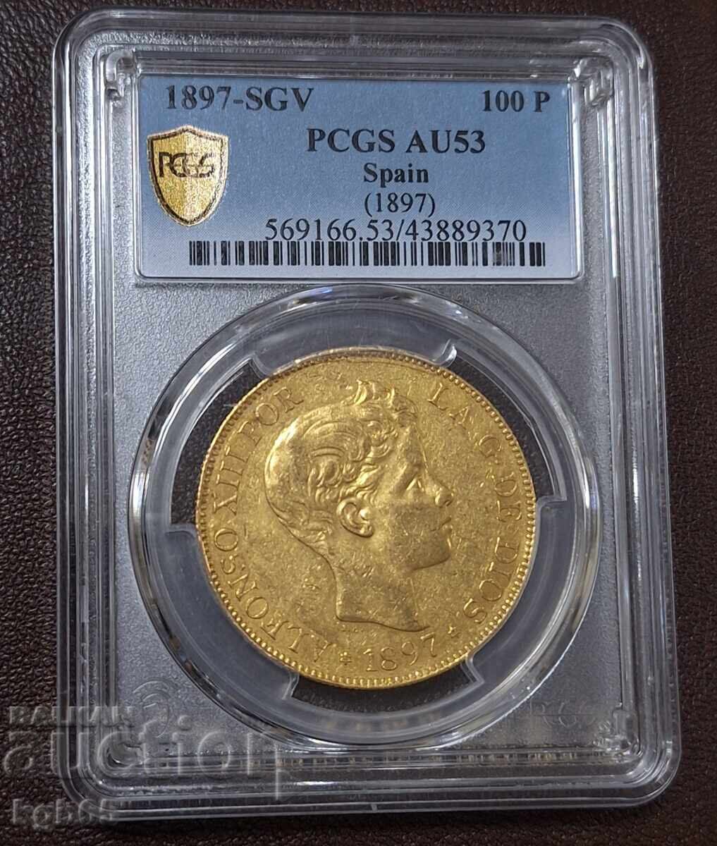 100 Pesetas 1897 Spain Gold. Rare 100 Pesetas 1897 Spain Gold. Rare