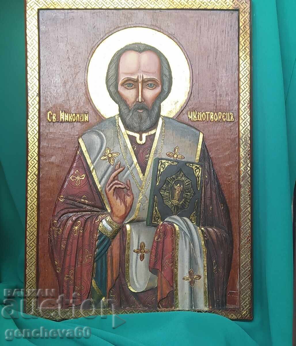 Icoană Sfântul Nicolae Făcătorul de Minuni - pictată, sculptură în lemn - 7