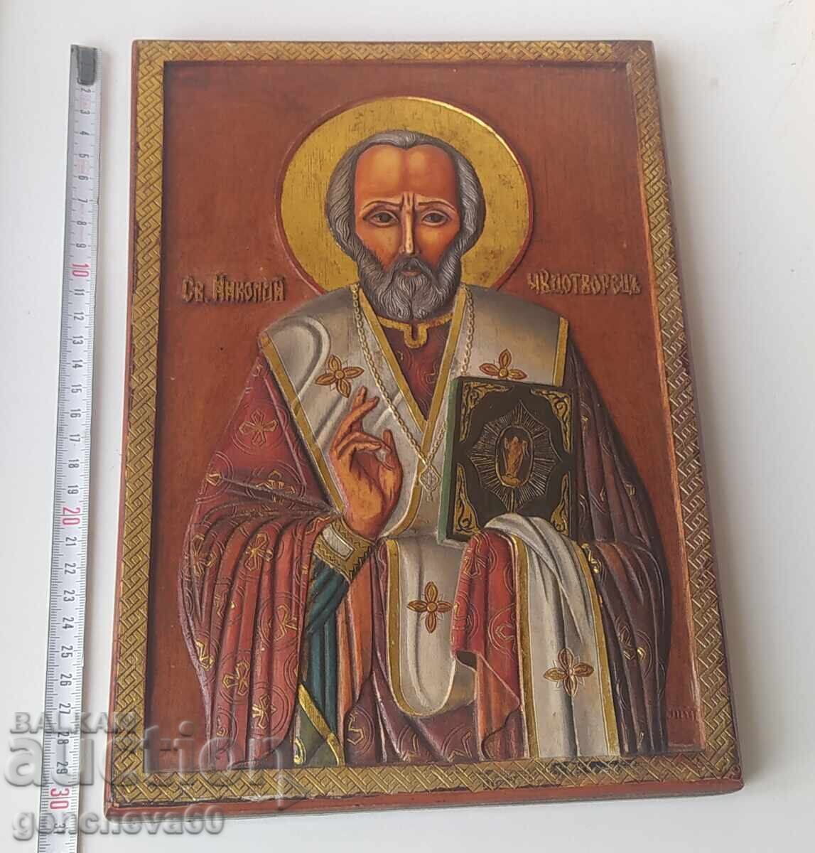 Icoană Sfântul Nicolae Făcătorul de Minuni - pictată, sculptură în lemn