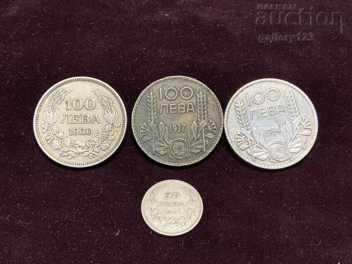 Lot of silver royal coins: 100 BGN - 3 pcs, 20 BGN - 1 pc
