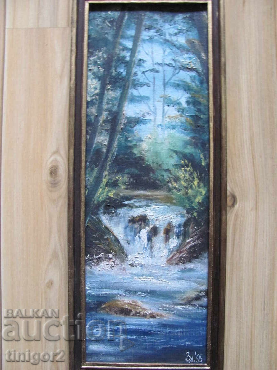 Delivery of 90s oil painting, fiberboard, signed, 45x17cm