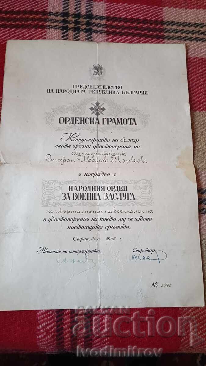 Order Certificate for the Order for Military Merit 1946