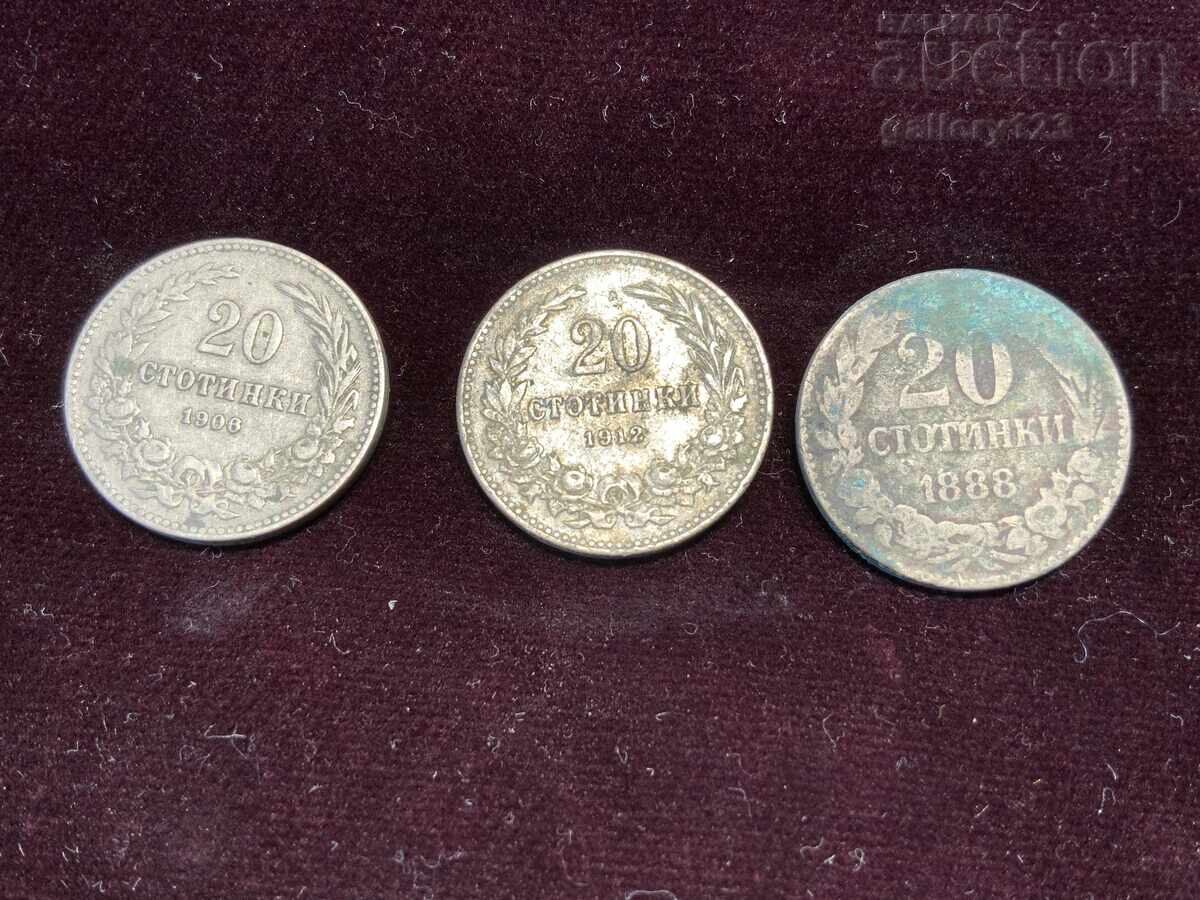 Lot of 20 stotinki, 3 pieces - 1888-1906-1912