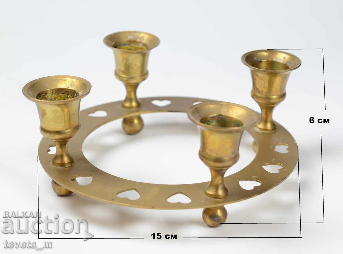 Αρχαίο μπρούτζινο στρογγυλό κηροπήγιο για 4 κεριά - 5