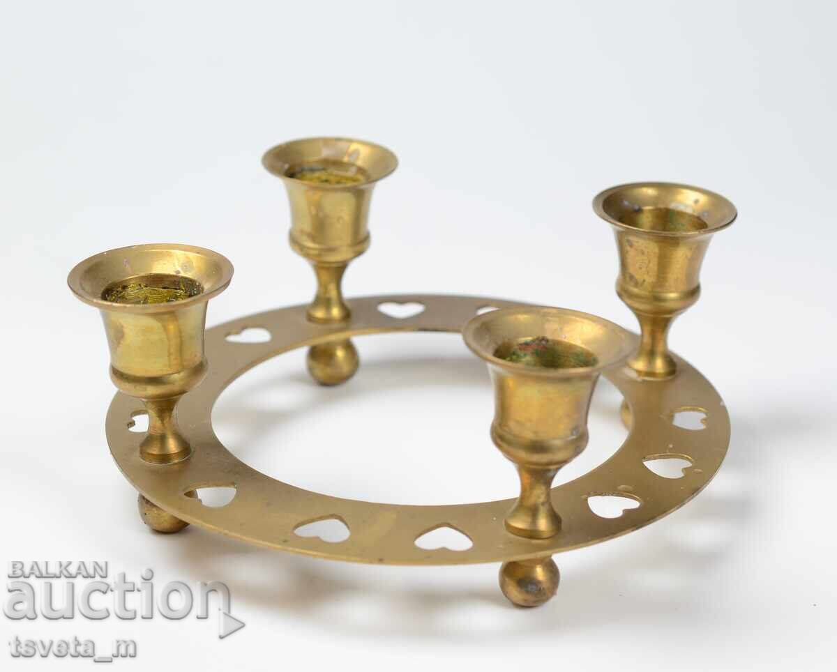 Αρχαίο μπρούτζινο στρογγυλό κηροπήγιο για 4 κεριά - 6