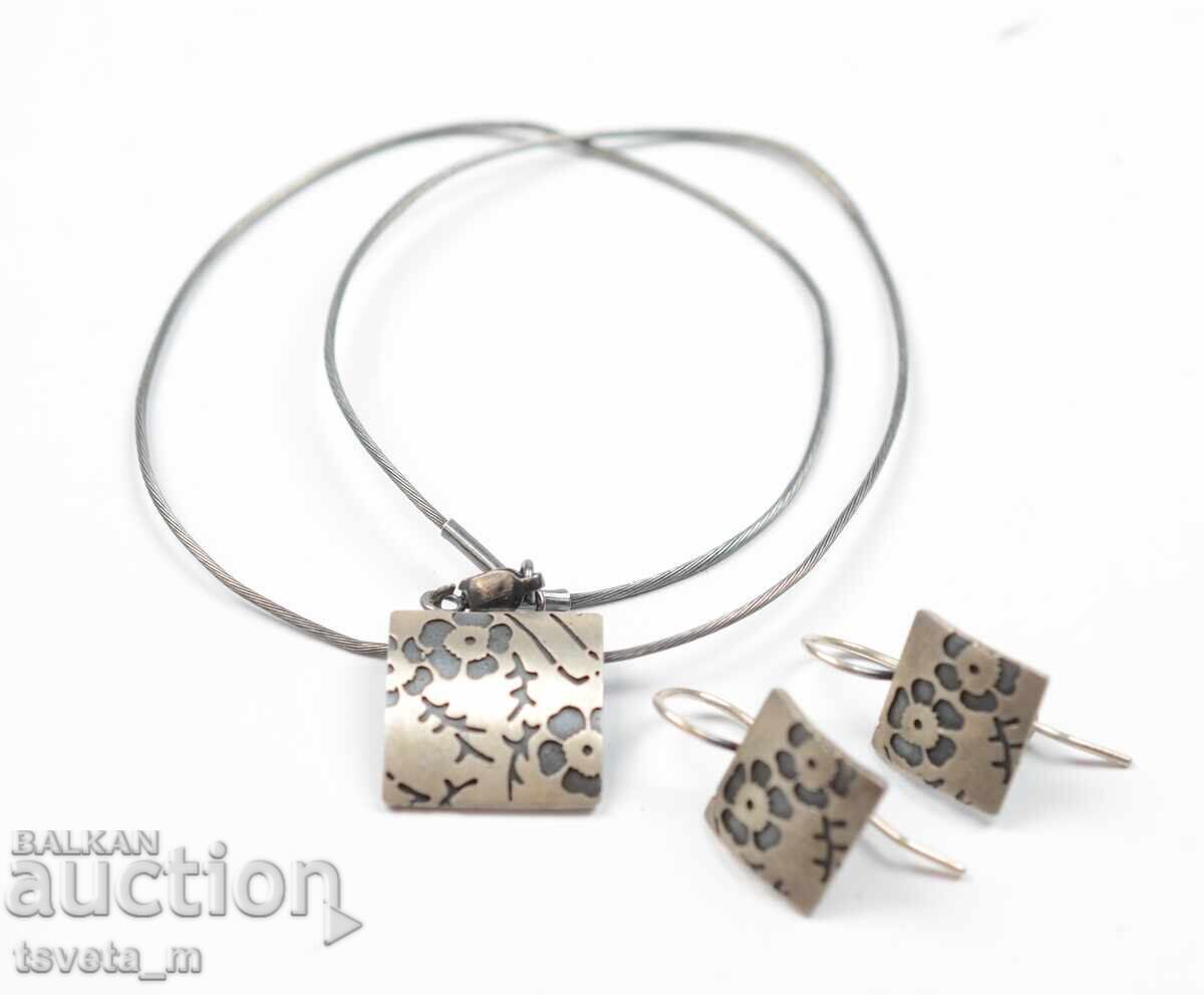 Комплект сребърни бижута колие и обици 14 гр. / 925