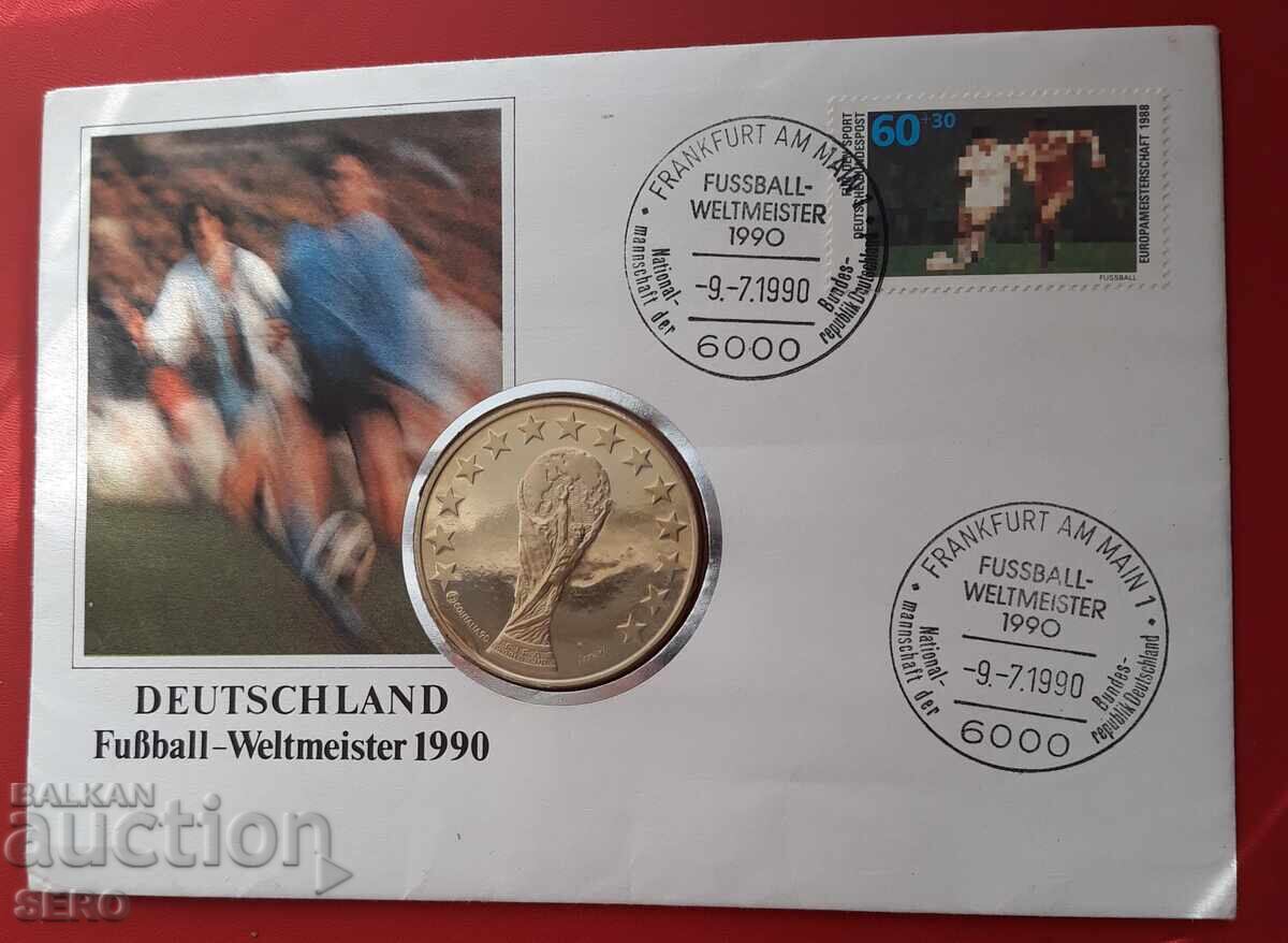 Μετάλλιο - Γερμανία - Παγκόσμιο Κύπελλο Ποδοσφαίρου 1990 και γραμματόσημο σε φάκελο Μετάλλιο - Γερμανία - Παγκόσμιο Κύπελλο Ποδοσφαίρου 1990 και γραμματόσημο σε φάκελο