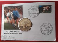 Medalie - Germania - Campionatul Mondial de Fotbal 1990 și timbru într-un plic timbrat