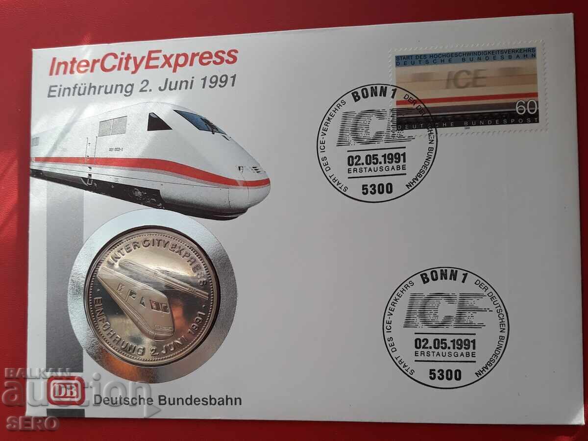 Medalie-Germania-căi ferate germane și timbru poștal în plic Medalie-Germania-căi ferate germane și timbru poștal în plic